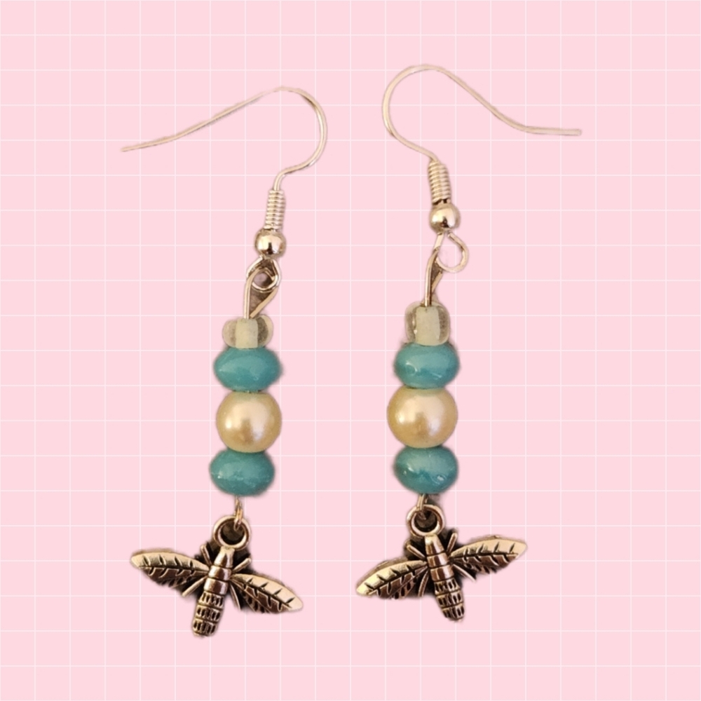 Turquoise Bead Dragonfly Drop Earrings